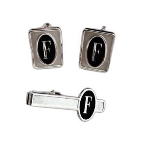 60s 70s Vintage Cufflink and Tie Clip Set-Initial F